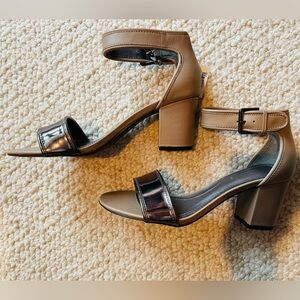 Tahari Taupe & Silver Metallic Chunky Heeled Sandal